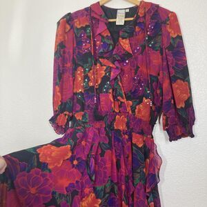 Vintage Cottagecore Montage By Mosaic Dress  Large Floral Chiffon Ruffle 80s